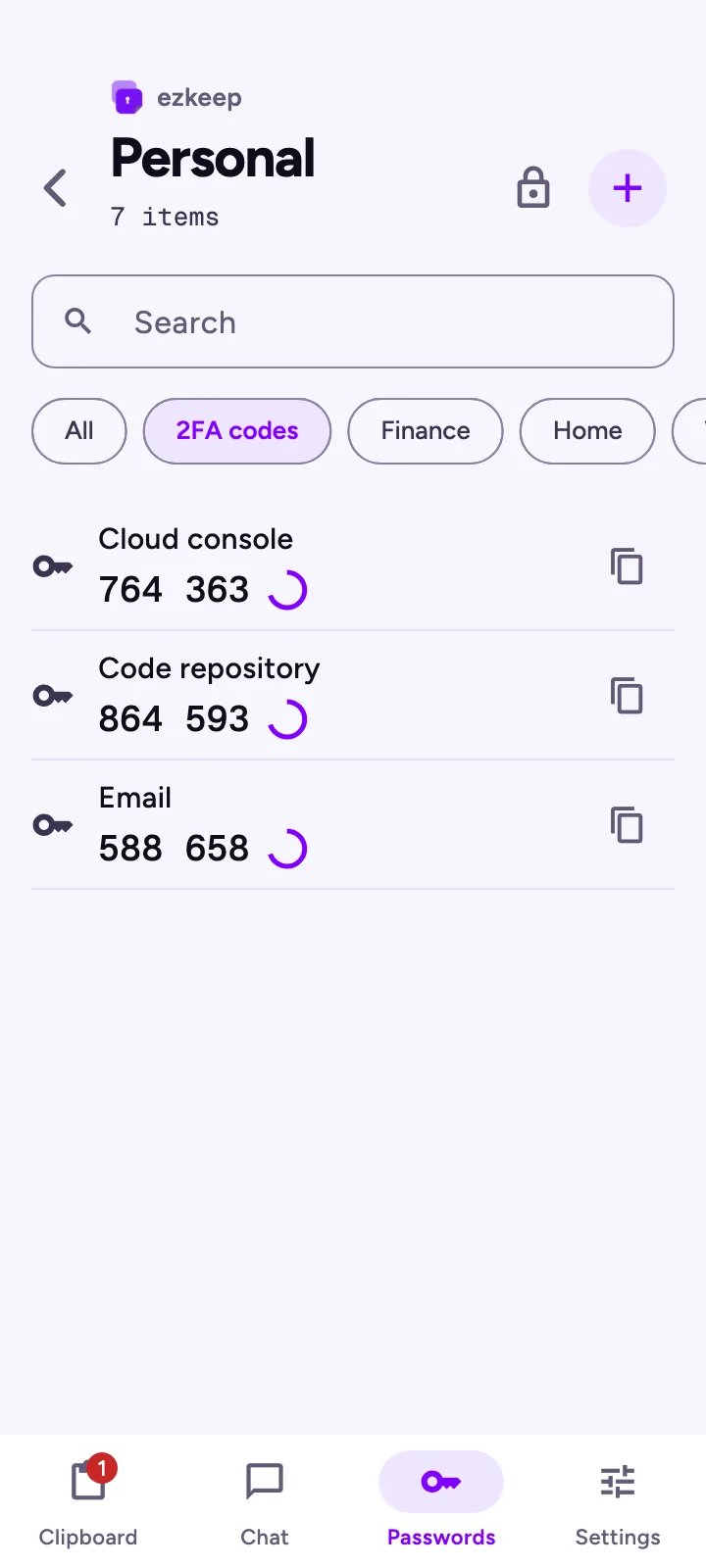 Live 2FA codes with countdown rings