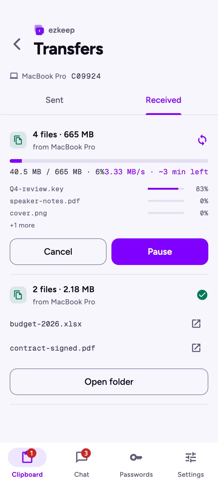 A transfer of four files in progress, with speed and time left